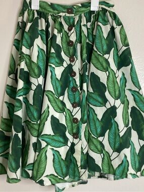 Hell Bunny Tropical Leaf Print Midi Skirt Size S UK10 Green 100% Cotton